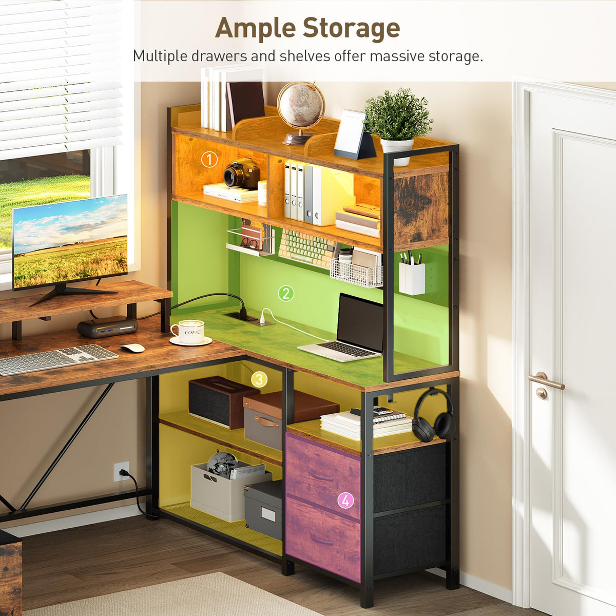 L Shaped Gaming Desk with Storage Drawers & Shelves A8600