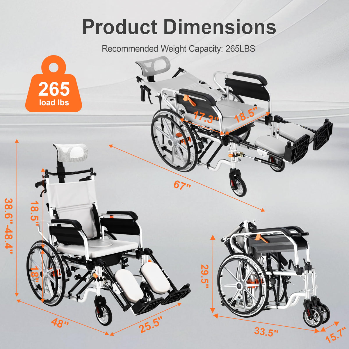 5-in-1 Reclining Wheelchair with 18.5" Wide Seat E767994