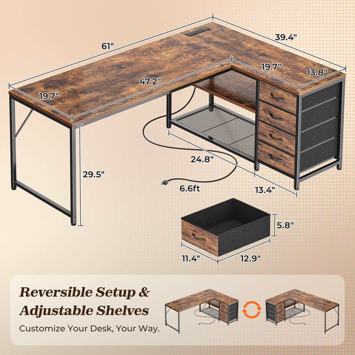 61" L Shaped Desk with Power Outlets & 4 Drawers I919657
