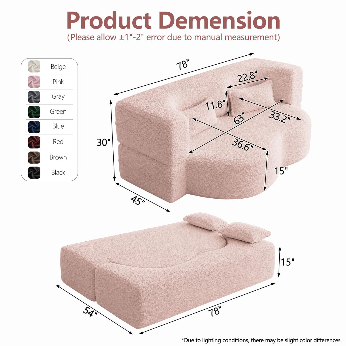 78" Pink Sherpa Futon Sofa Bed D4721