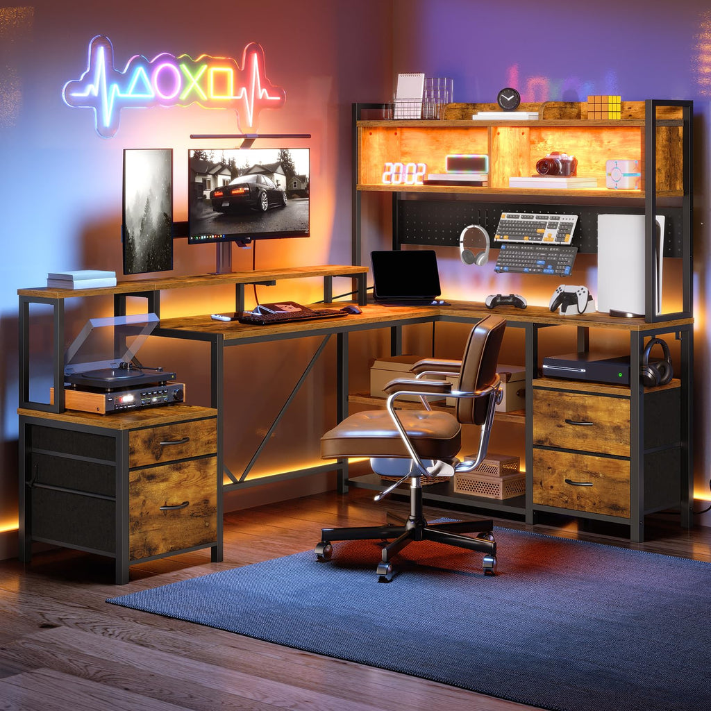 L Shaped Gaming Desk with Storage Drawers & Shelves A8600