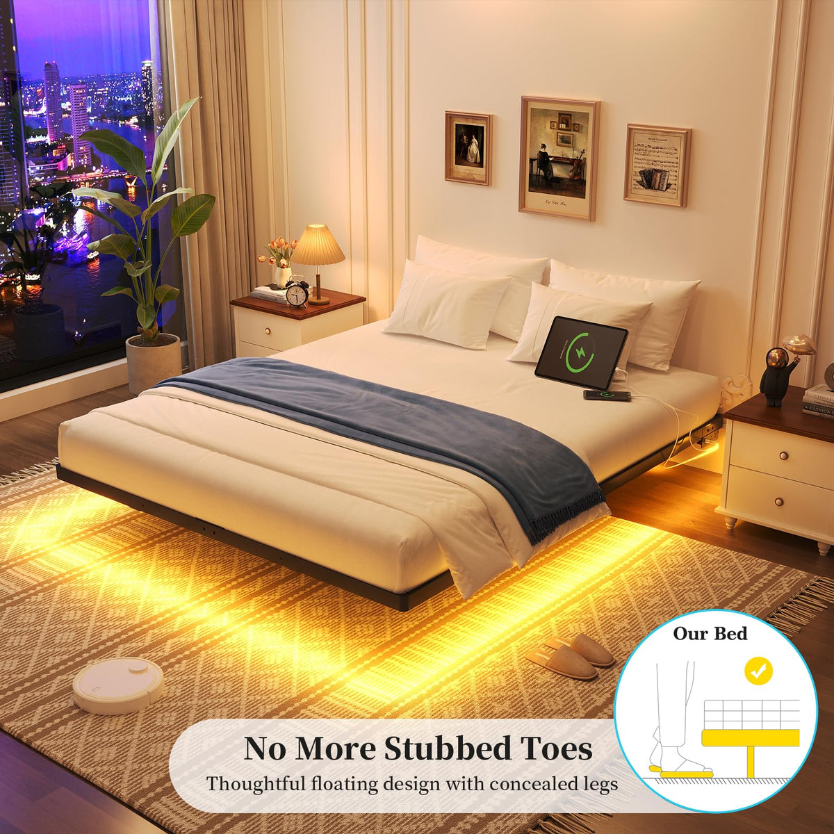 Full Size Metal Floating Bed Frame with LED Lights F280815