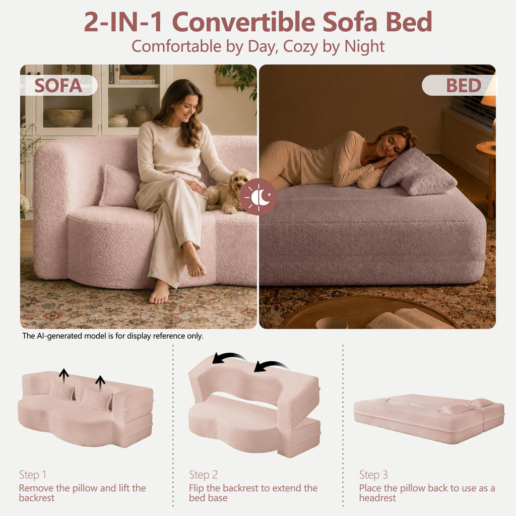 78" Pink Sherpa Futon Sofa Bed D4721