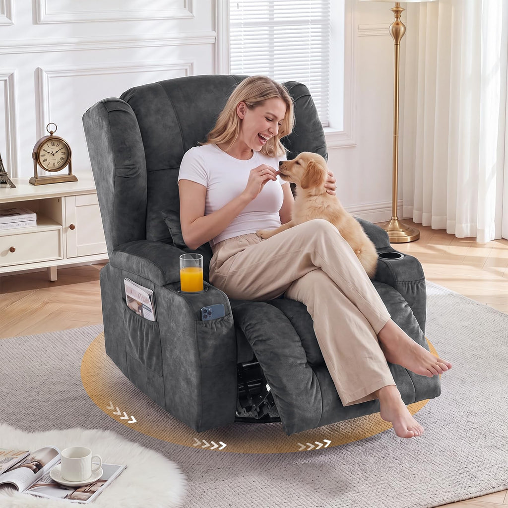Oversized Velvet Swivel Rocker Recliner Chair with Cup Holders E840