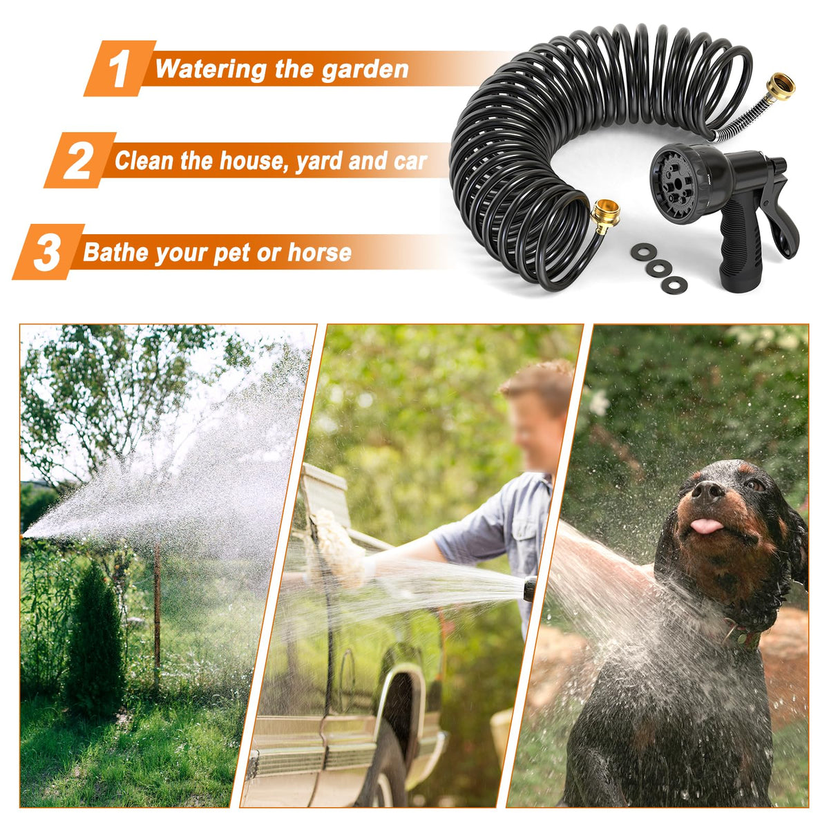 100FT x 3/8" Coil Expandable Garden Hose with 8 Patterns Spray Nozzle O857
