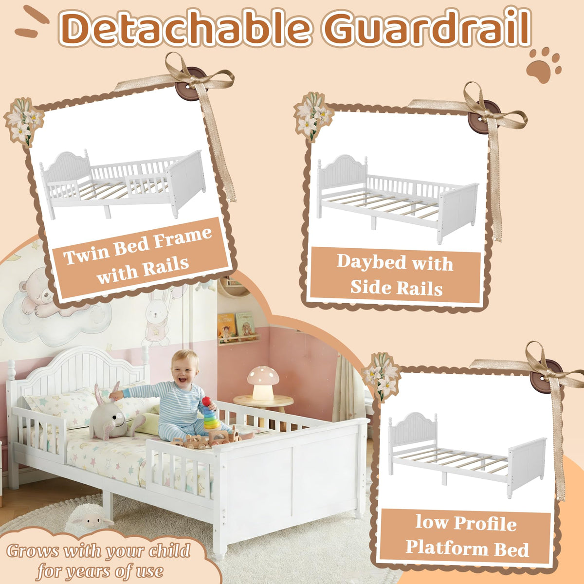 White Twin Bed Frame with Headboard and Rails O616109