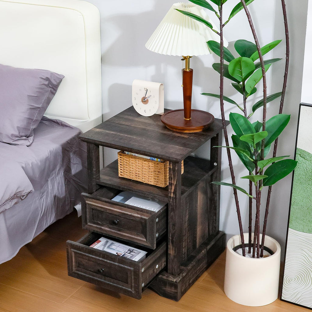 24" Tall Nightstand Set of 2 with Charging Station, 2 Drawers D6230