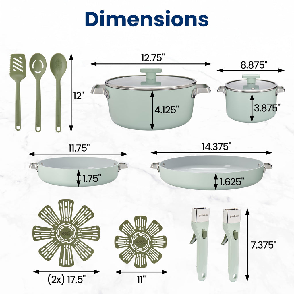 14-Piece Ceramic Cookware Set with Removable Handles, Sage Green Y520