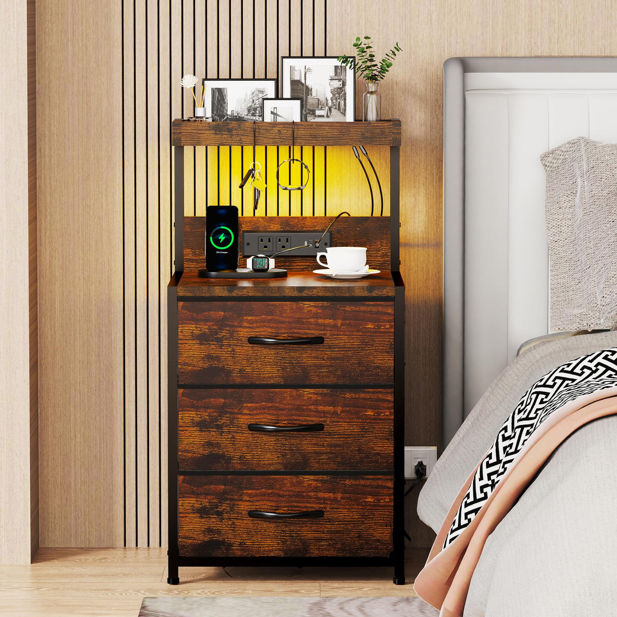LED Nightstand with Charging Station 3 Fabric Drawers X177