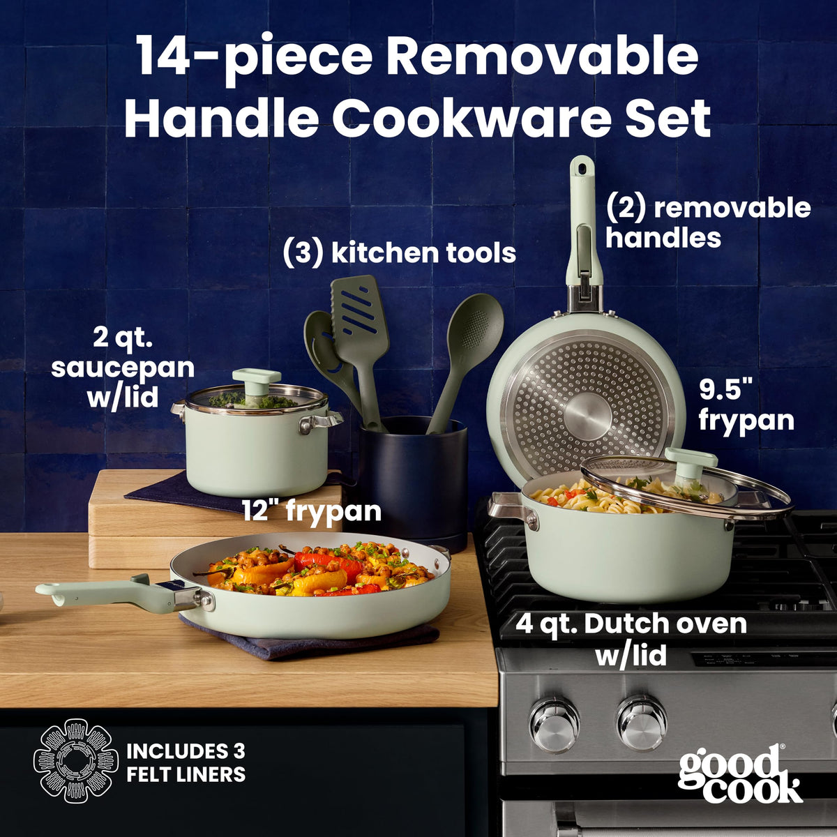 14-Piece Ceramic Cookware Set with Removable Handles, Sage Green Y520