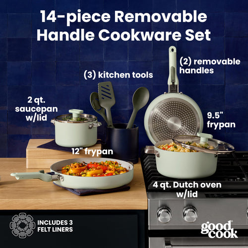 14-Piece Ceramic Cookware Set with Removable Handles, Sage Green Y520