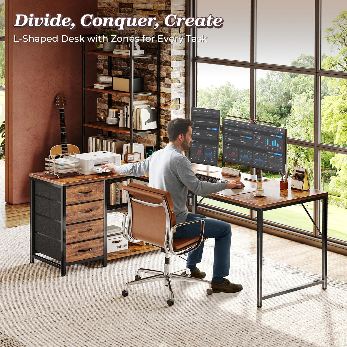 61" L Shaped Desk with Power Outlets & 4 Drawers I919657